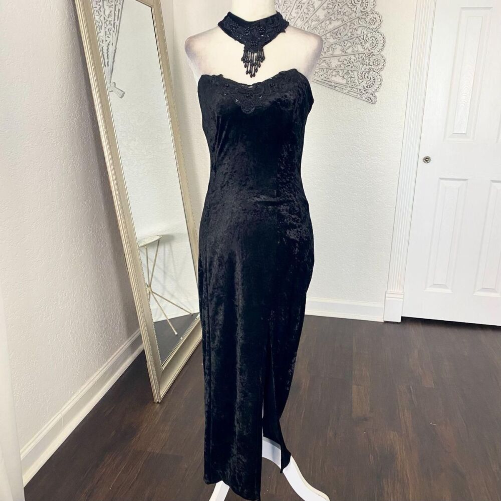 All that Jazz Romantic Goth Black Velvet Beaded Choker Corset Glam Midi Dress S
